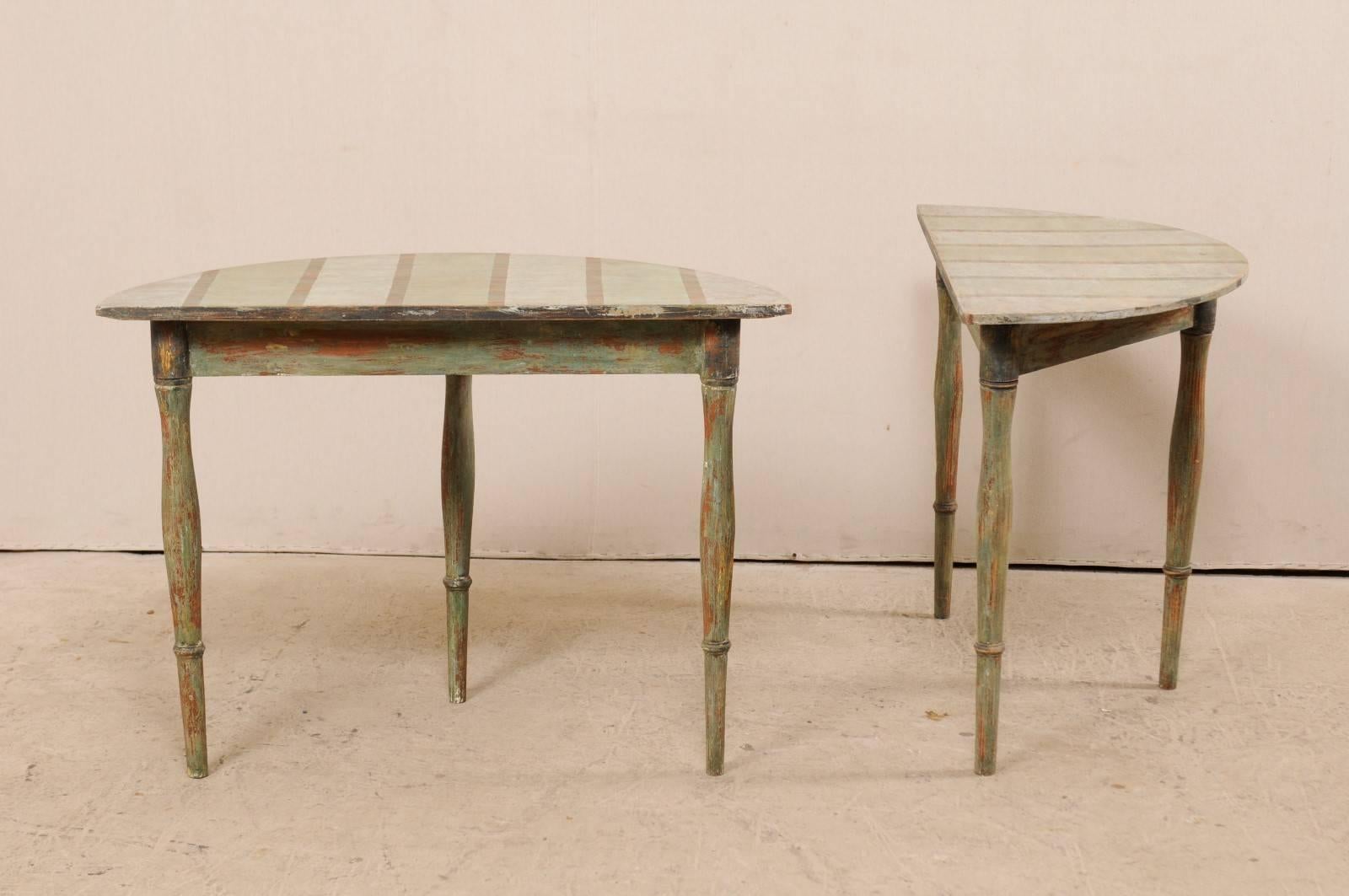 Pair of Swedish 19th Century Painted Wood Demilune Tables with Subtle Stripes 2