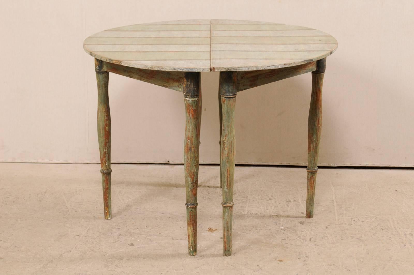 Pair of Swedish 19th Century Painted Wood Demilune Tables with Subtle Stripes 3