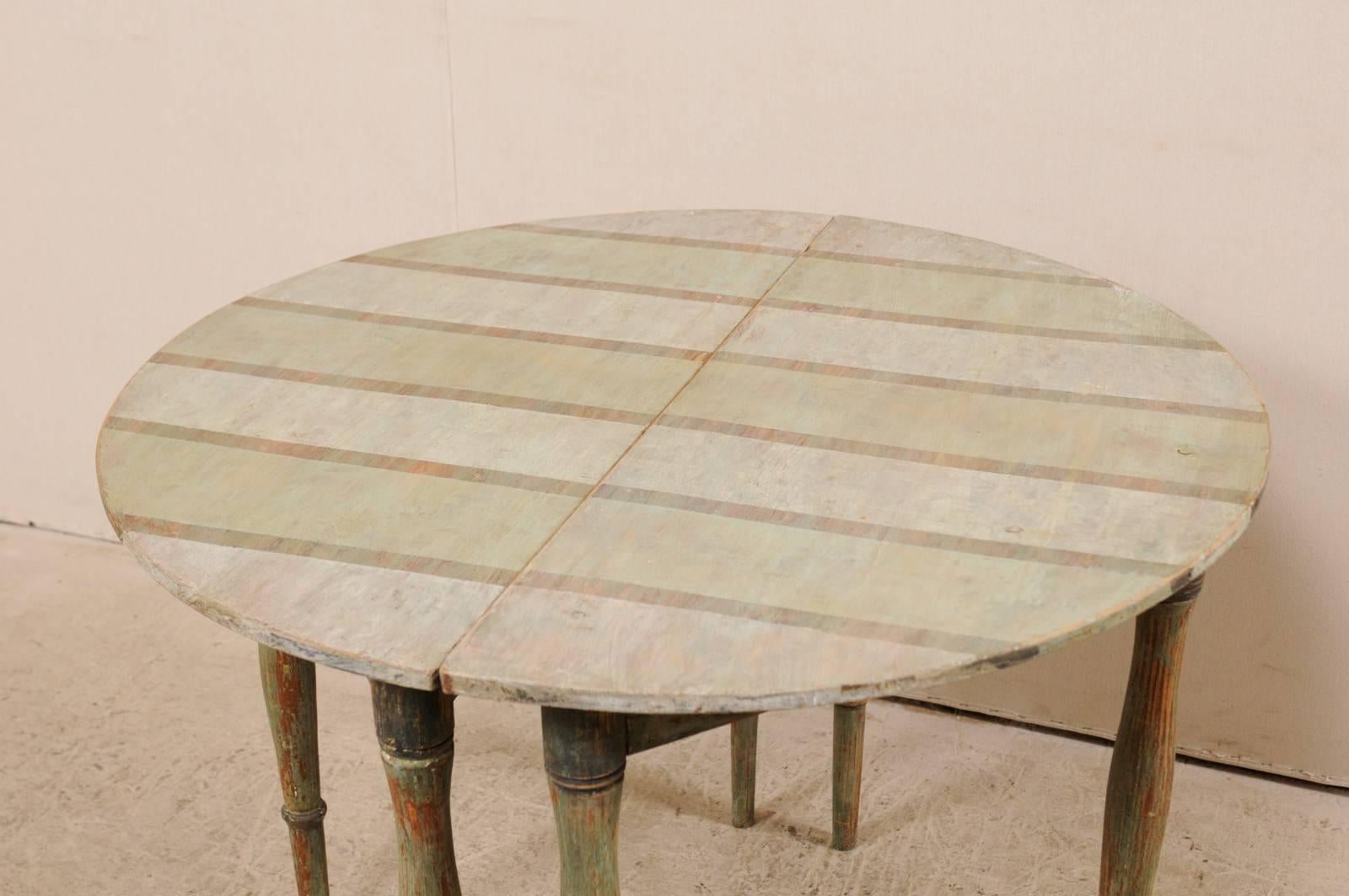 Pair of Swedish 19th Century Painted Wood Demilune Tables with Subtle Stripes 4