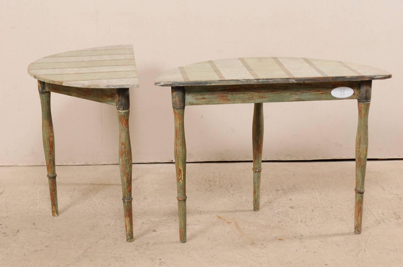Pair of Swedish 19th Century Painted Wood Demilune Tables with Subtle Stripes 5