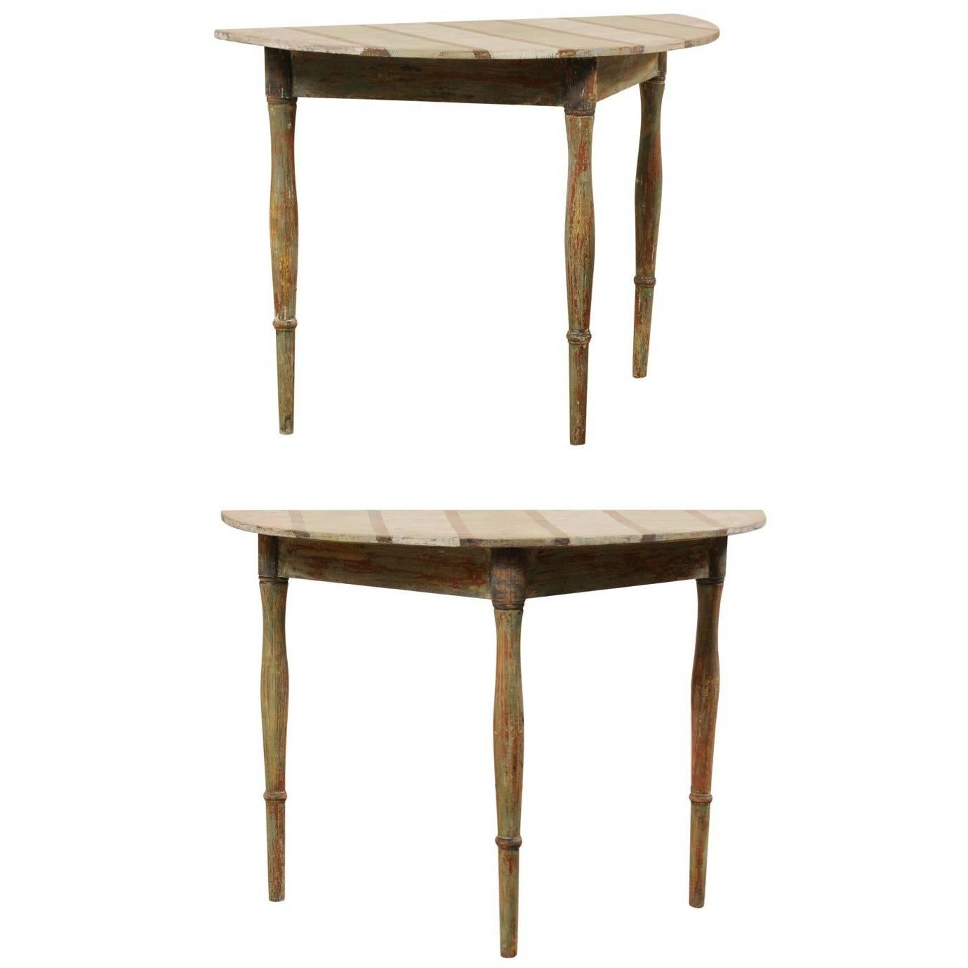 Pair of Swedish 19th Century Painted Wood Demilune Tables with Subtle Stripes