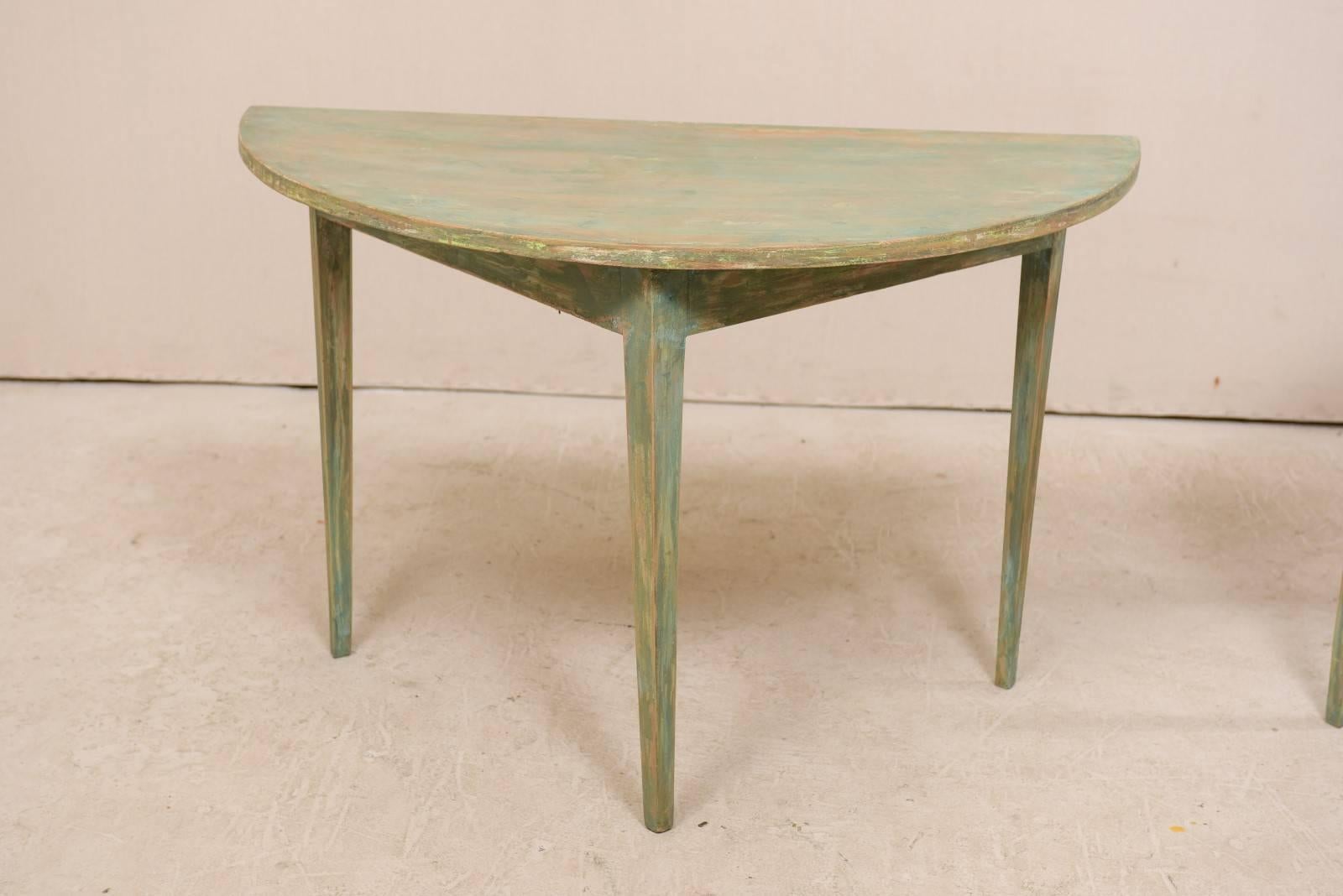 Pair of Swedish 19th Century Painted Wood Demilune Tables with Tapered Legs 7