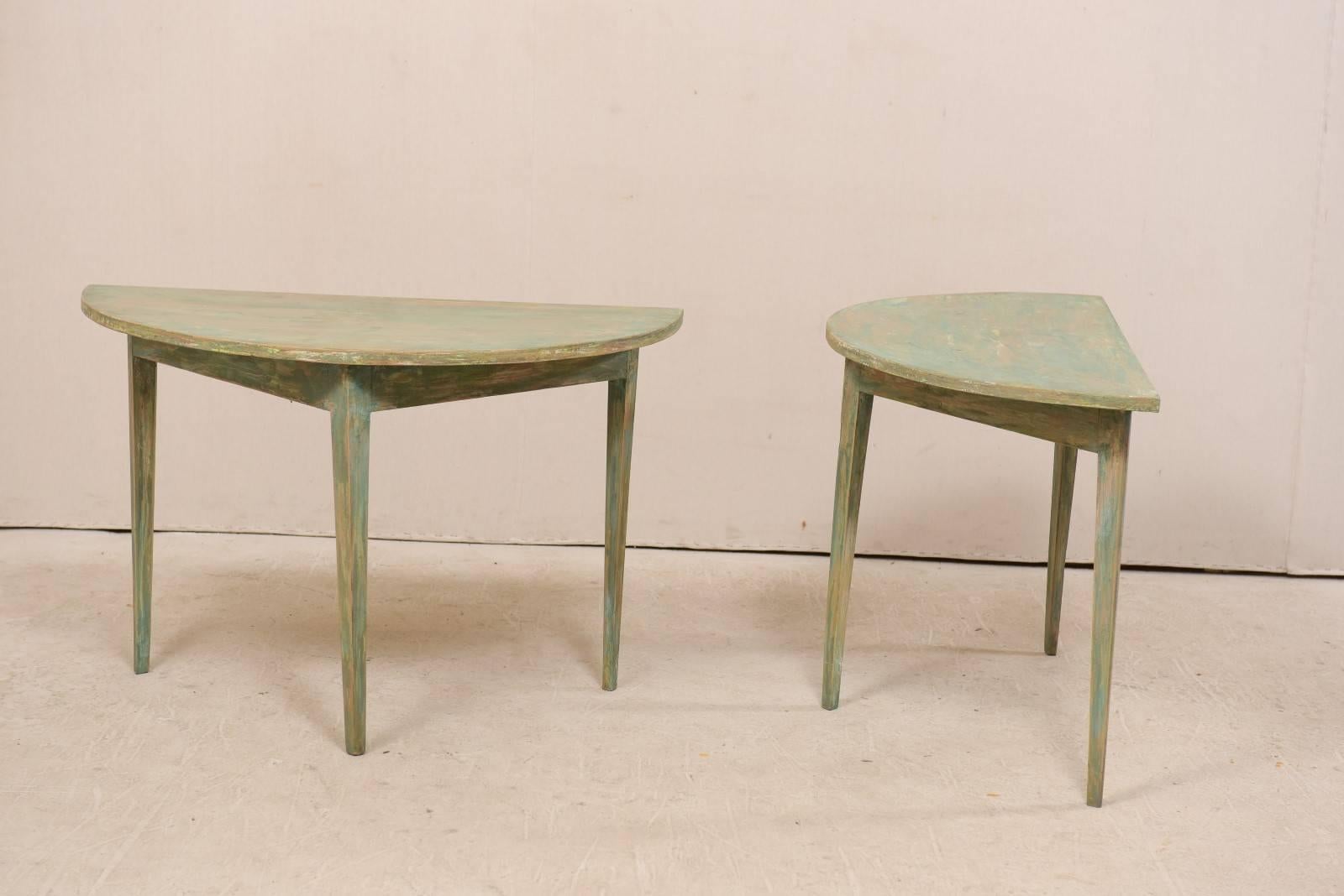Carved Pair of Swedish 19th Century Painted Wood Demilune Tables with Tapered Legs