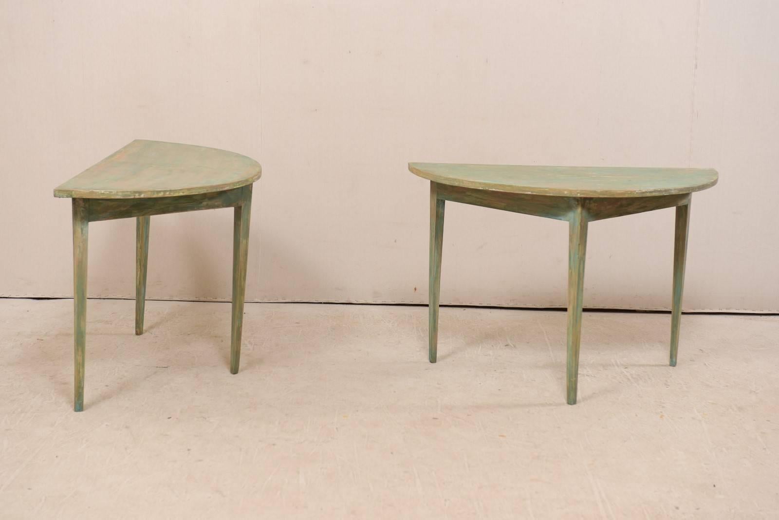 Pair of Swedish 19th Century Painted Wood Demilune Tables with Tapered Legs In Good Condition In Atlanta, GA