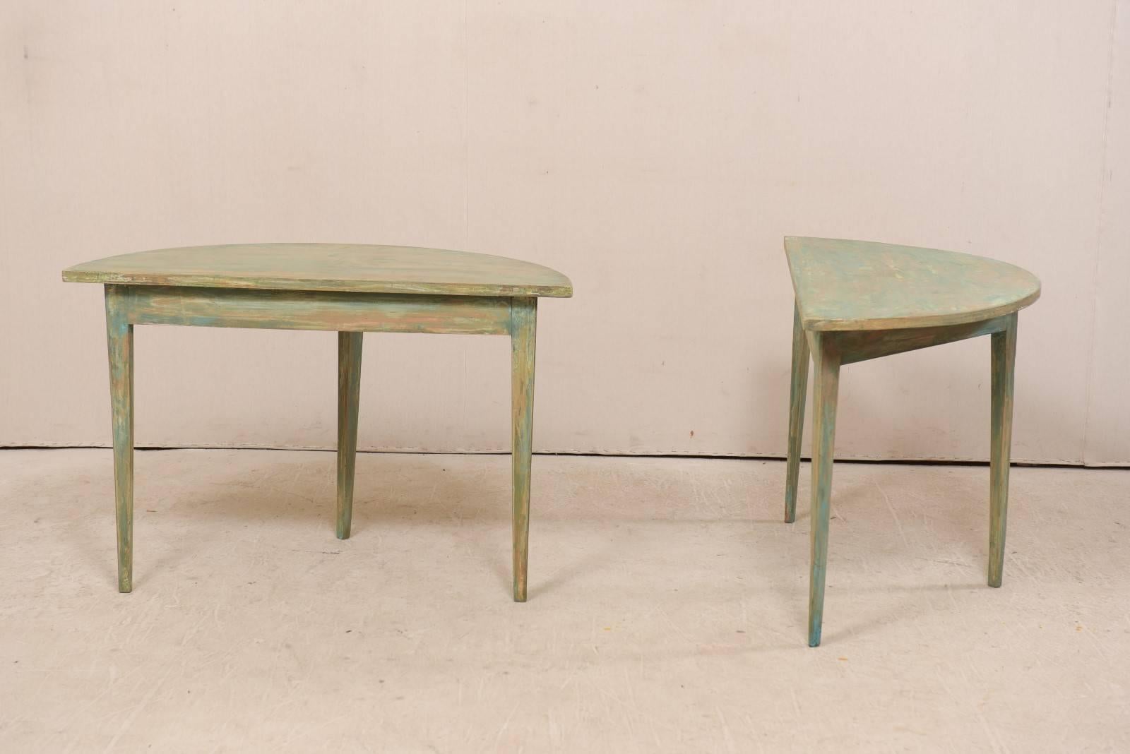 Pair of Swedish 19th Century Painted Wood Demilune Tables with Tapered Legs 1