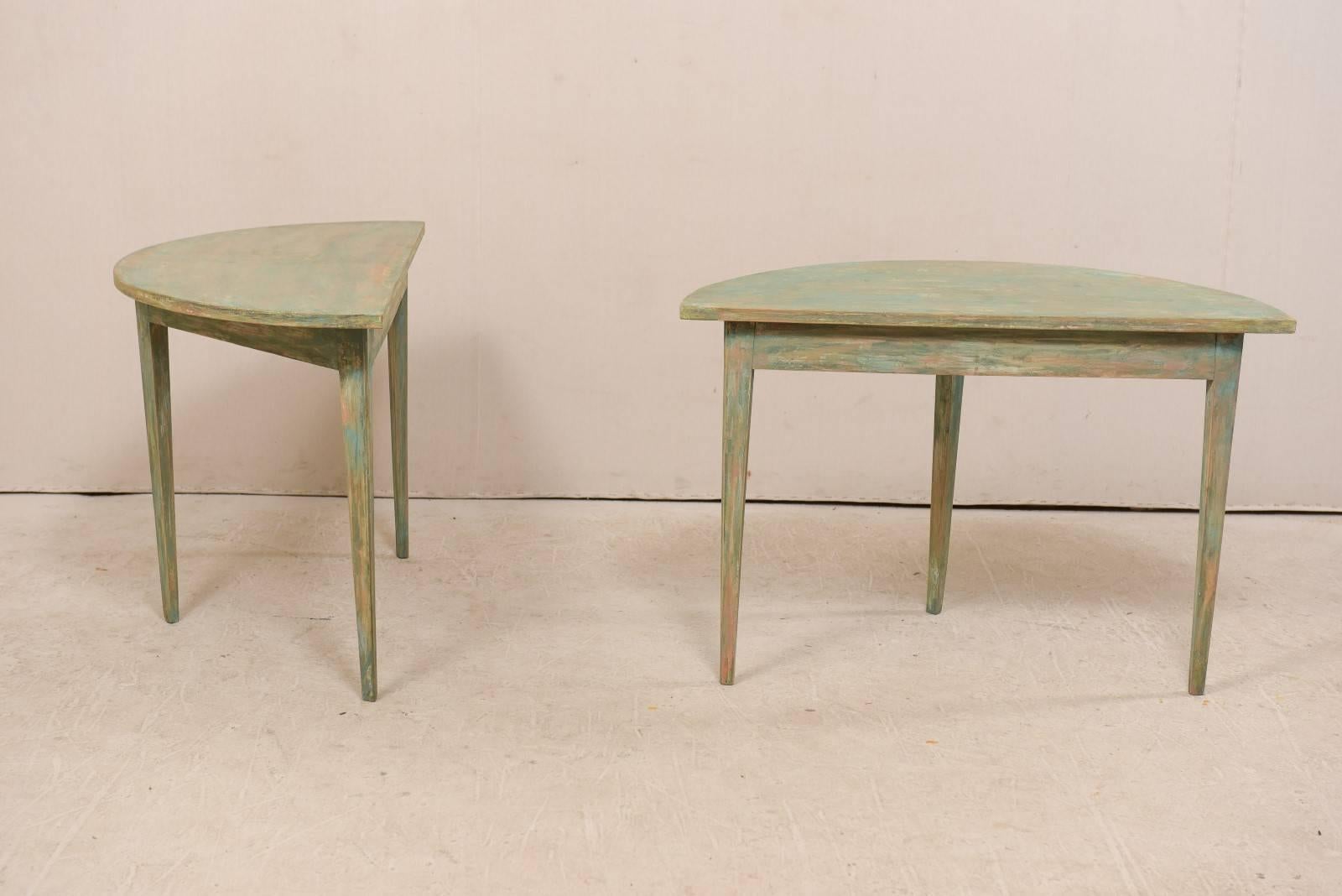 Pair of Swedish 19th Century Painted Wood Demilune Tables with Tapered Legs 2