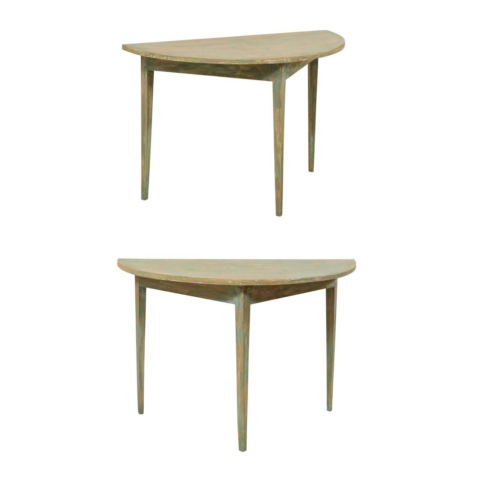 Pair of Swedish 19th Century Painted Wood Demilune Tables with Tapered Legs
