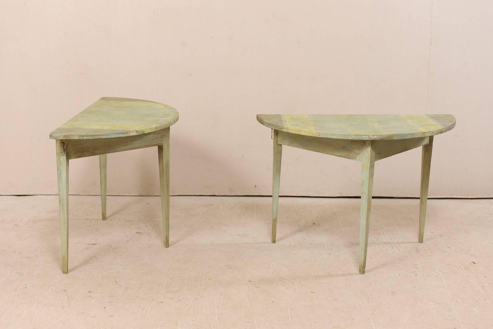 Carved Pair of Swedish 19th Century Painted Wood Demilune Tables