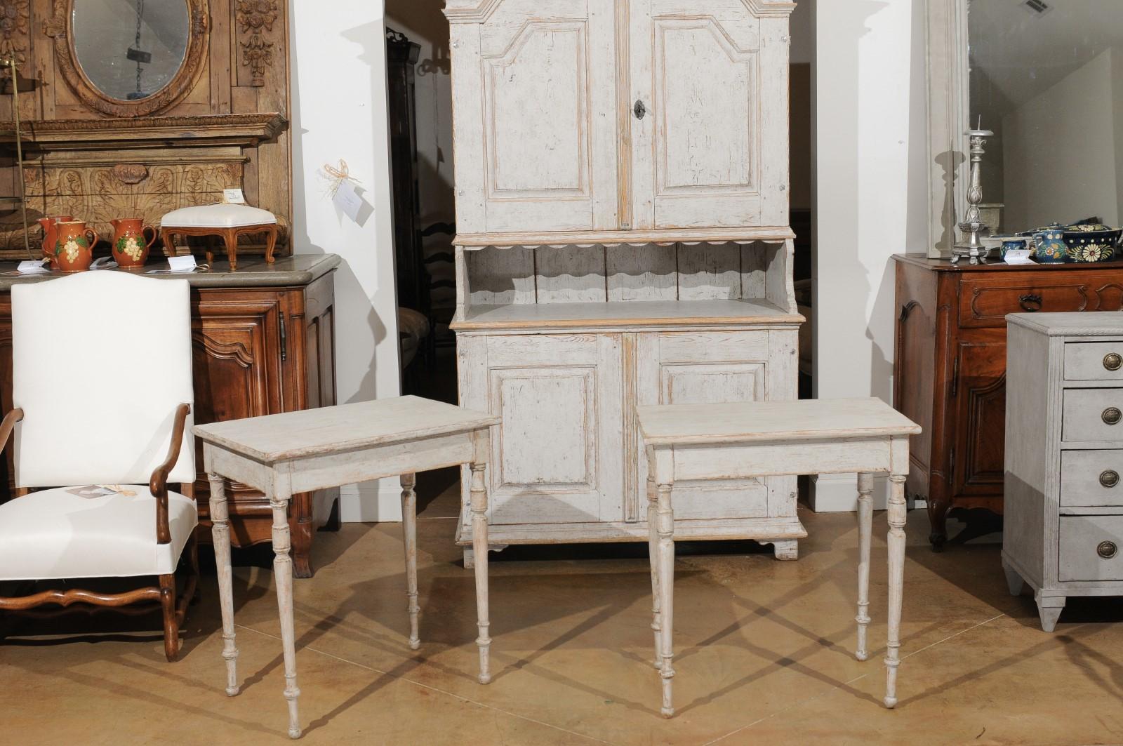 Painted Pair of Swedish 19th Century Tables with Turned Legs and Distressed Finish