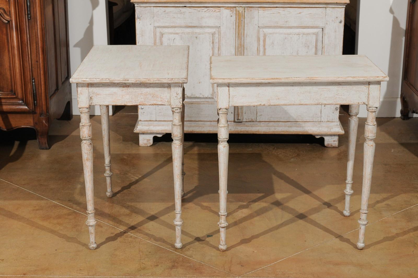 Wood Pair of Swedish 19th Century Tables with Turned Legs and Distressed Finish