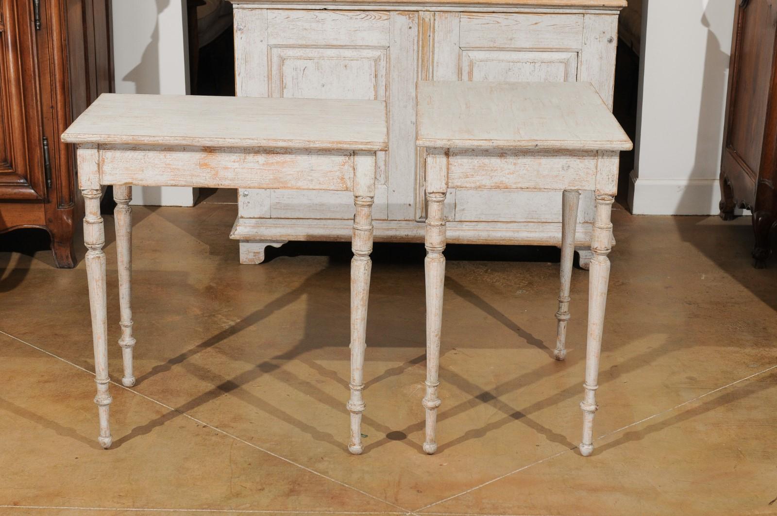 Pair of Swedish 19th Century Tables with Turned Legs and Distressed Finish 1