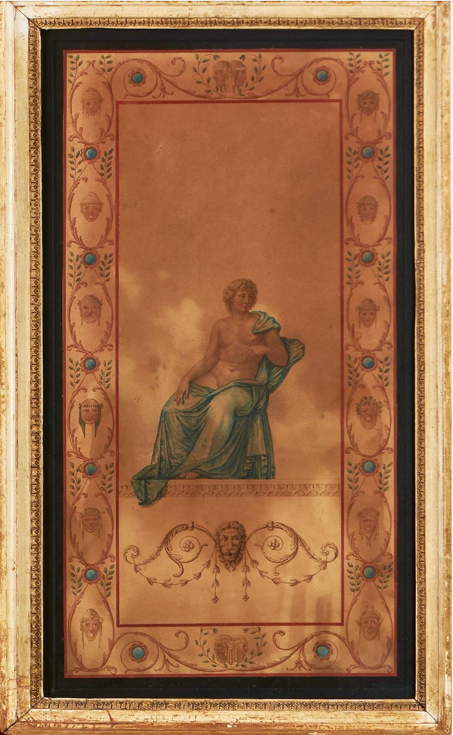 A pair of Swedish watercolors from the late gustavian or early empire period painted in neoclassical or pompeian style. Period and probably original frames. The watercolors have been discolored by the sun and time and have a brownish color to the