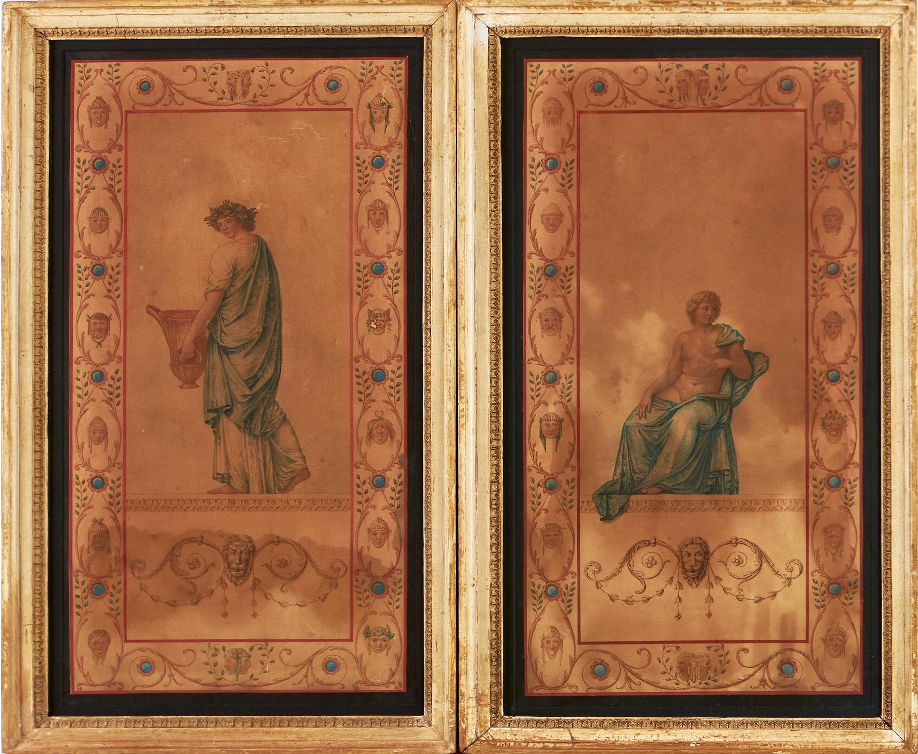 Paper Pair of Swedish 19th Century Watercolors in Pompeian style. 