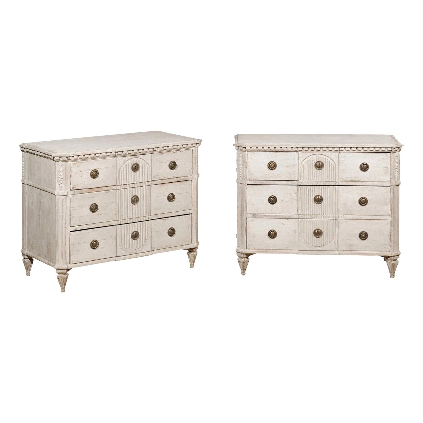 Pair of Swedish 20th Century Gustavian Style Painted Chests with Reeded Accents