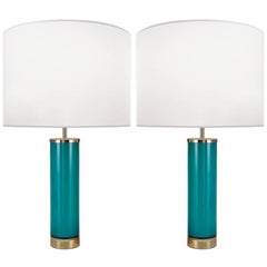 Pair of Swedish Aqua Glass Lamps