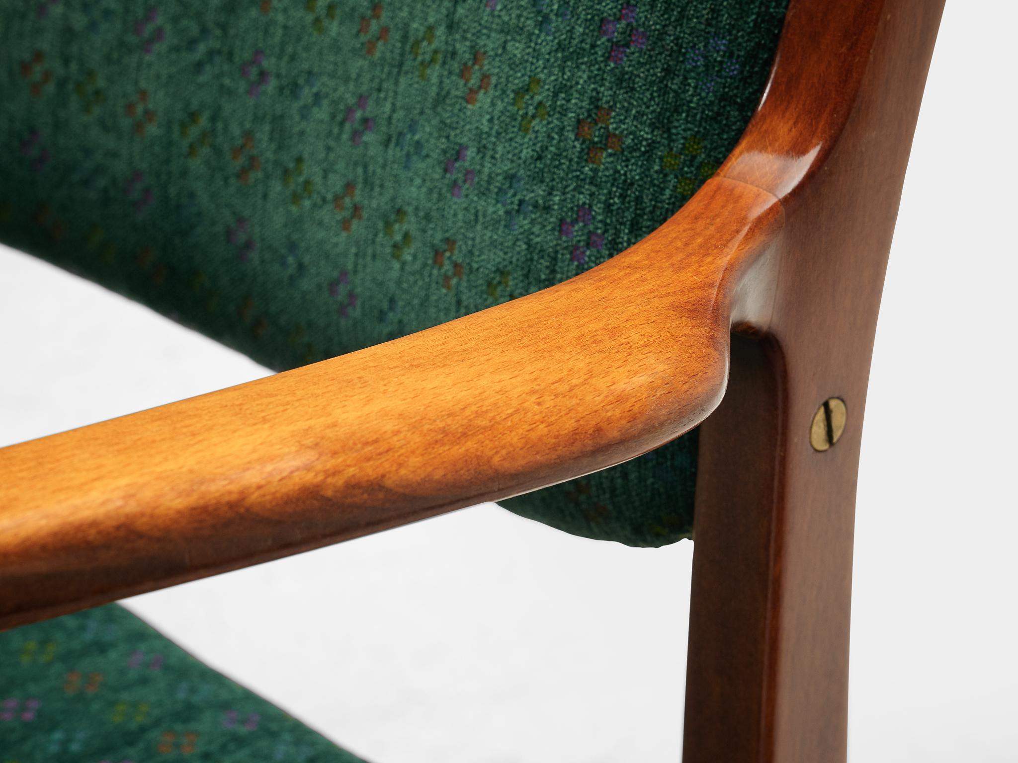 Brass Pair of Swedish Armchairs in Green Upholstery