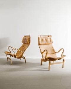 Pair of Swedish Armchairs "Pernilla" by Bruno Mathsson in Birch & Leather, 1973