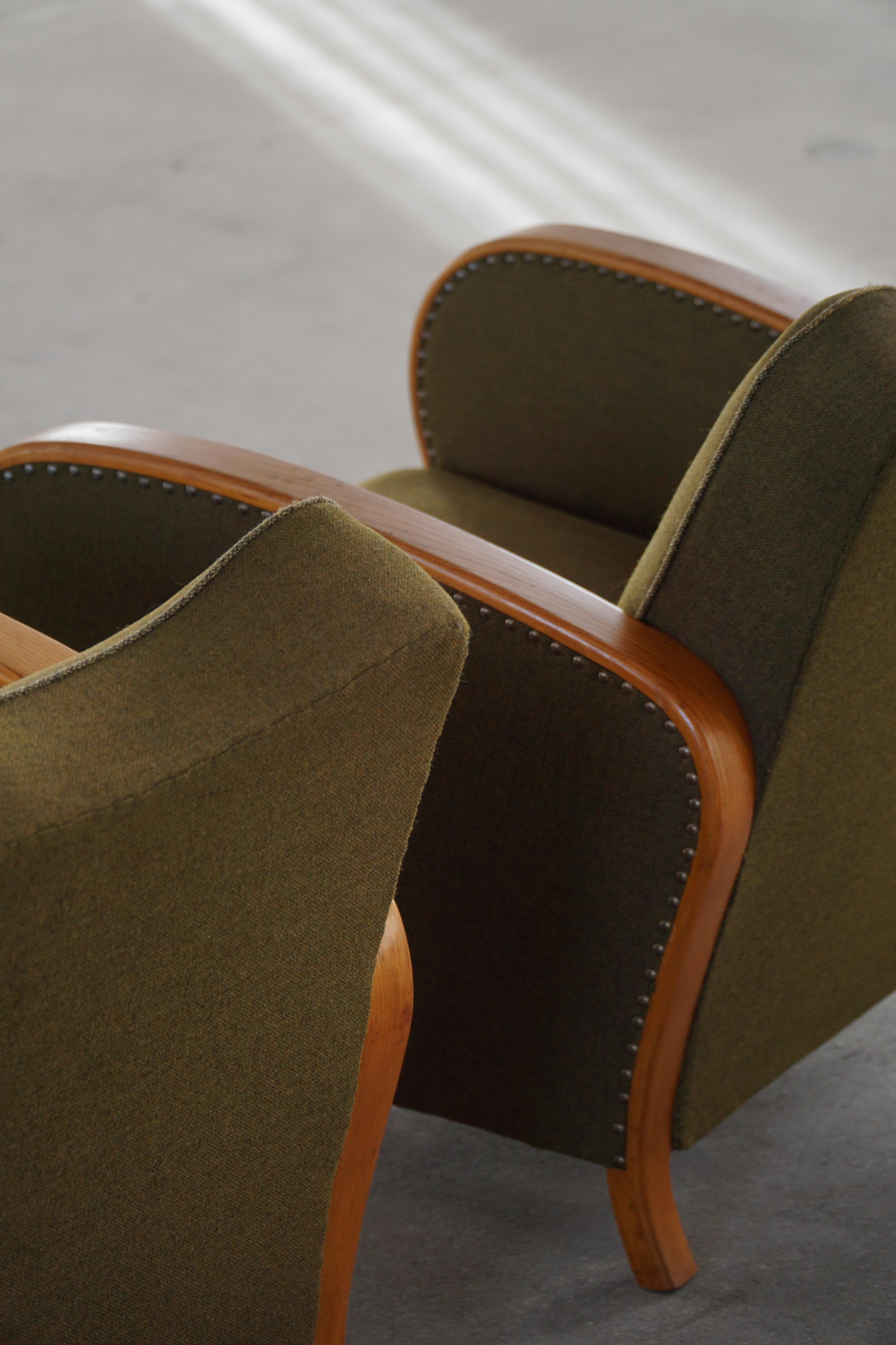 Fabric Pair of Swedish Art Deco Armchairs,  Elm, Green Wool & Lion Paw Feets, 1930s–40s For Sale