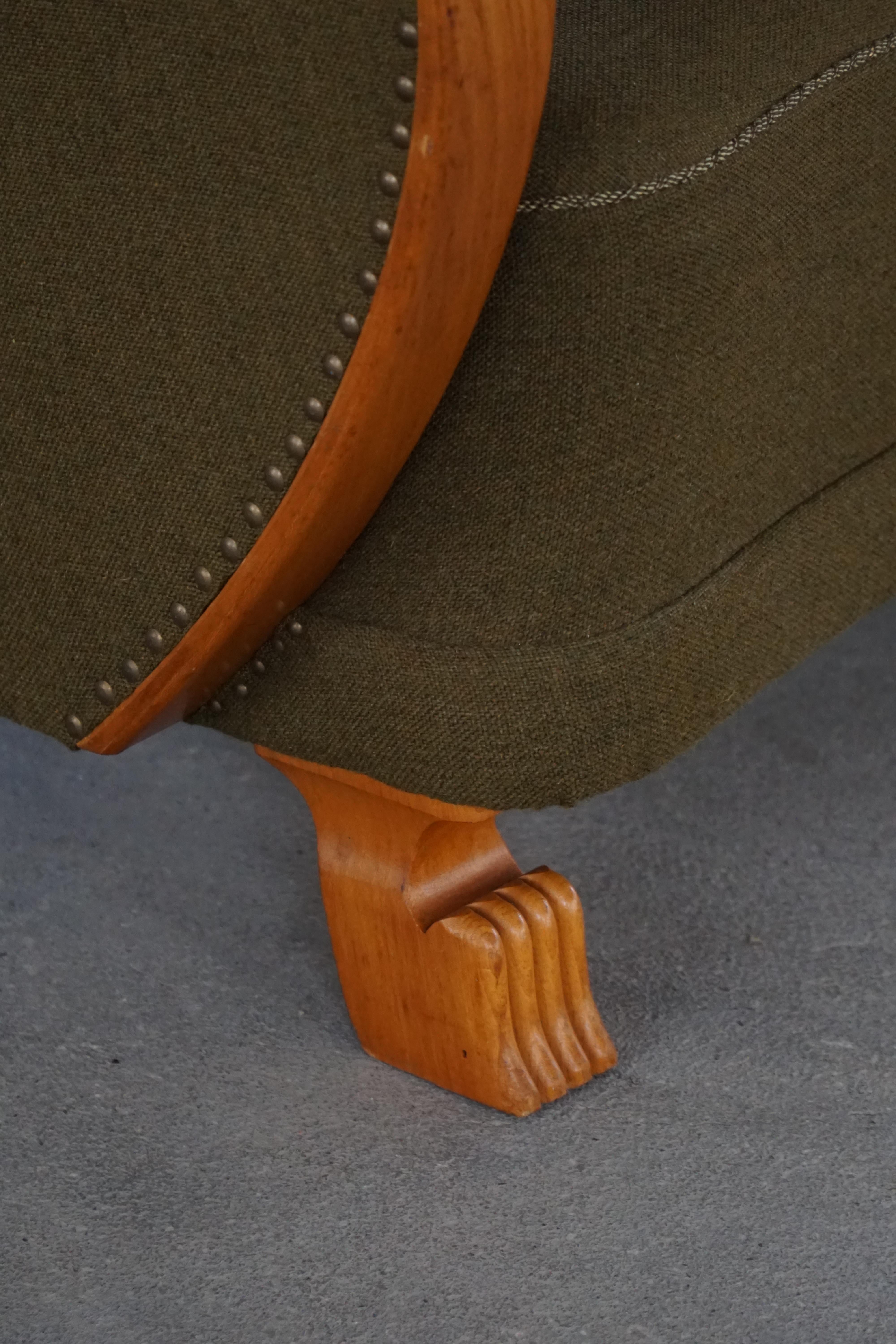 Pair of Swedish Art Deco Armchairs,  Elm, Green Wool & Lion Paw Feets, 1930s–40s For Sale 2