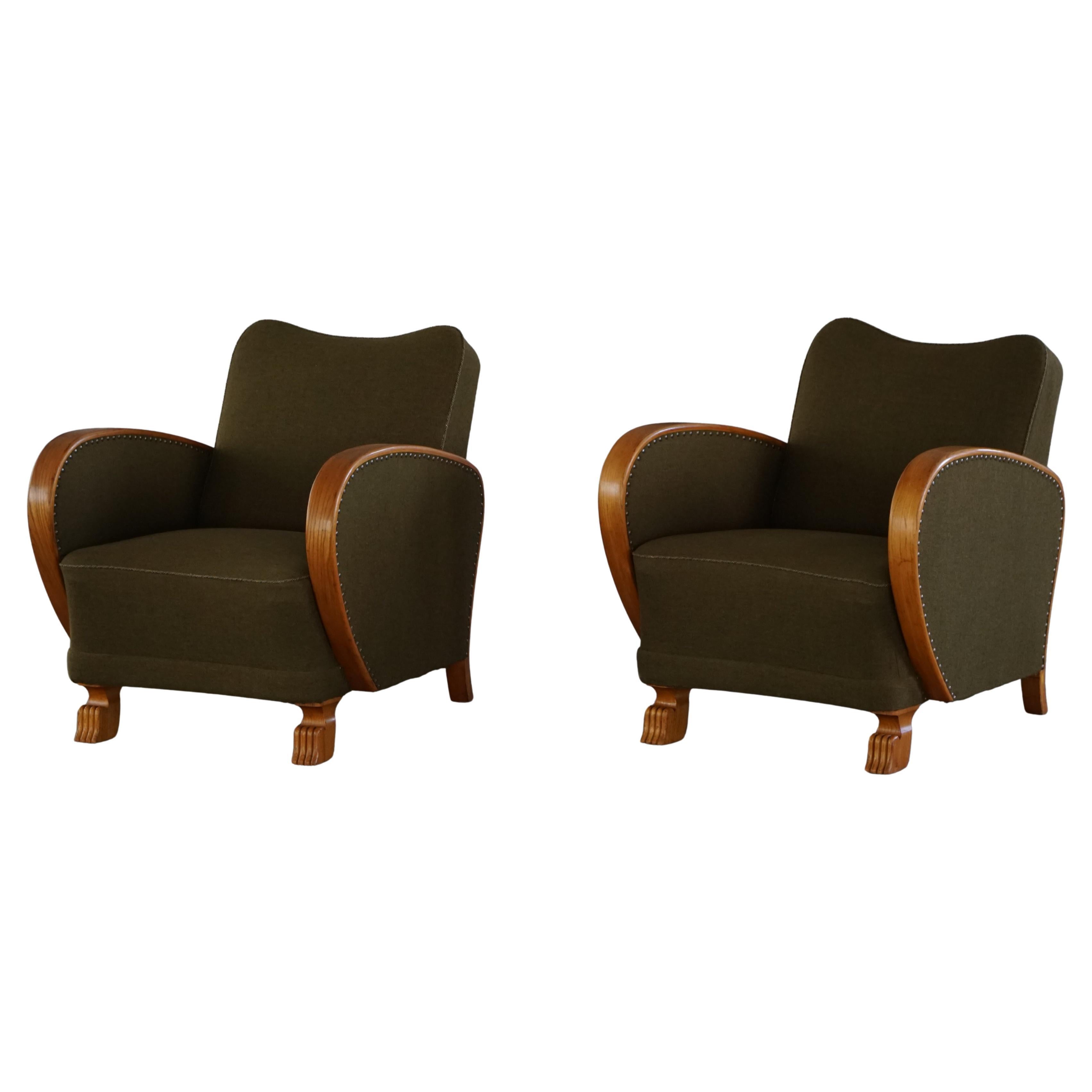 Pair of Swedish Art Deco Armchairs,  Elm, Green Wool & Lion Paw Feets, 1930s–40s For Sale