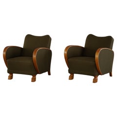 Pair of Swedish Art Deco Armchairs,  Elm, Green Wool & Lion Paw Feets, 1930s–40s