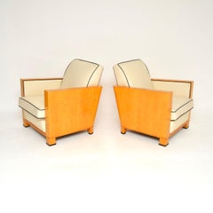 Pair of Swedish Art Deco Armchairs in Leather and Satin Birch
