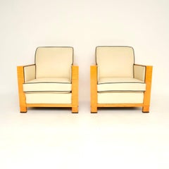 Pair of Swedish Art Deco Armchairs in Leather and Satin Birch
