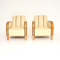 Pair of Swedish Art Deco Armchairs in Leather and Satin Birch