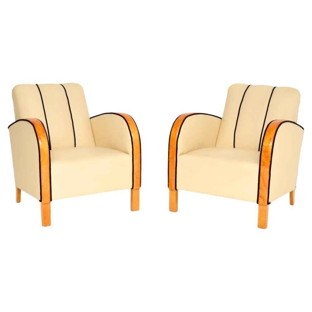 Pair of Swedish Art Deco Armchairs in Leather and Satin Birch For Sale