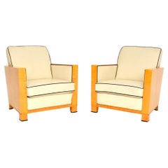 Pair of Swedish Art Deco Armchairs in Leather and Satin Birch
