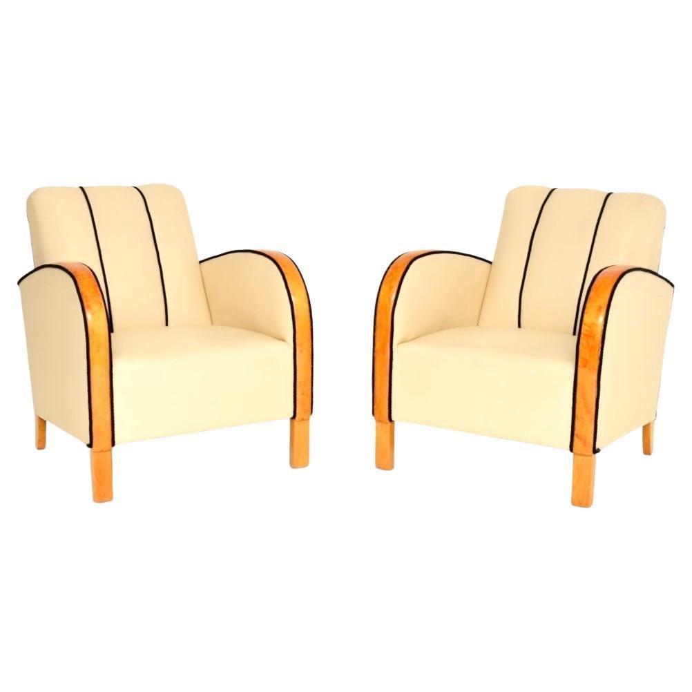 Pair of Swedish Art Deco Armchairs in Leather and Satin Birch