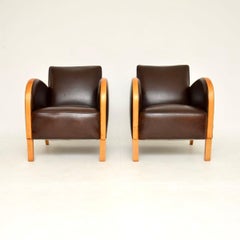 Pair of Swedish Art Deco Armchairs in Satin Birch and Leather