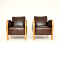 Pair of Swedish Art Deco Armchairs in Satin Birch and Leather