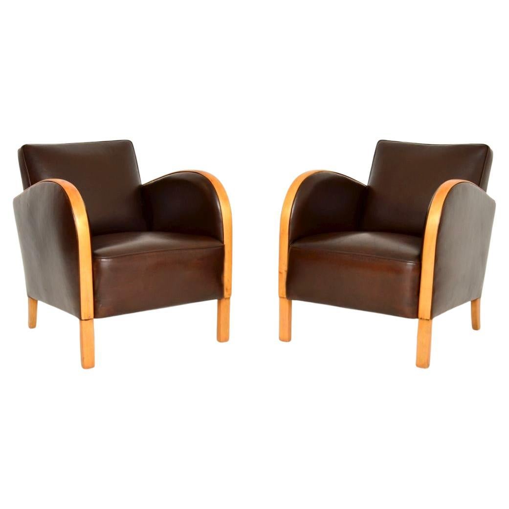 Pareja de sillones Art Decó suecos de abedul satinado y cuero