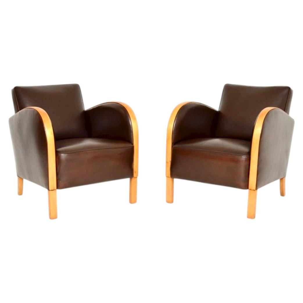 Pair of Swedish Art Deco Armchairs in Satin Birch and Leather For Sale