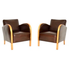 Pair of Swedish Art Deco Armchairs in Satin Birch and Leather