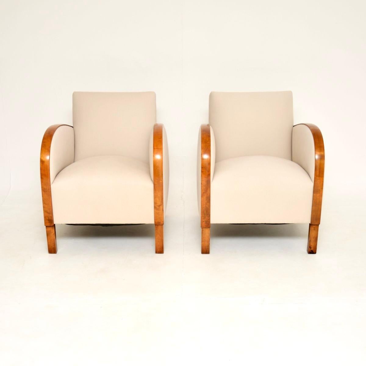 A stylish and very well made pair of Swedish Art Deco armchairs in satin birch. They were recently imported from Sweden, they date from the 1930’s.

The quality is excellent, they are well sprung and very comfortable. The sweeping satin birch arms
