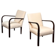 Coppia di poltrone art déco svedesi, appena rifoderate in cotone beige, anni '30