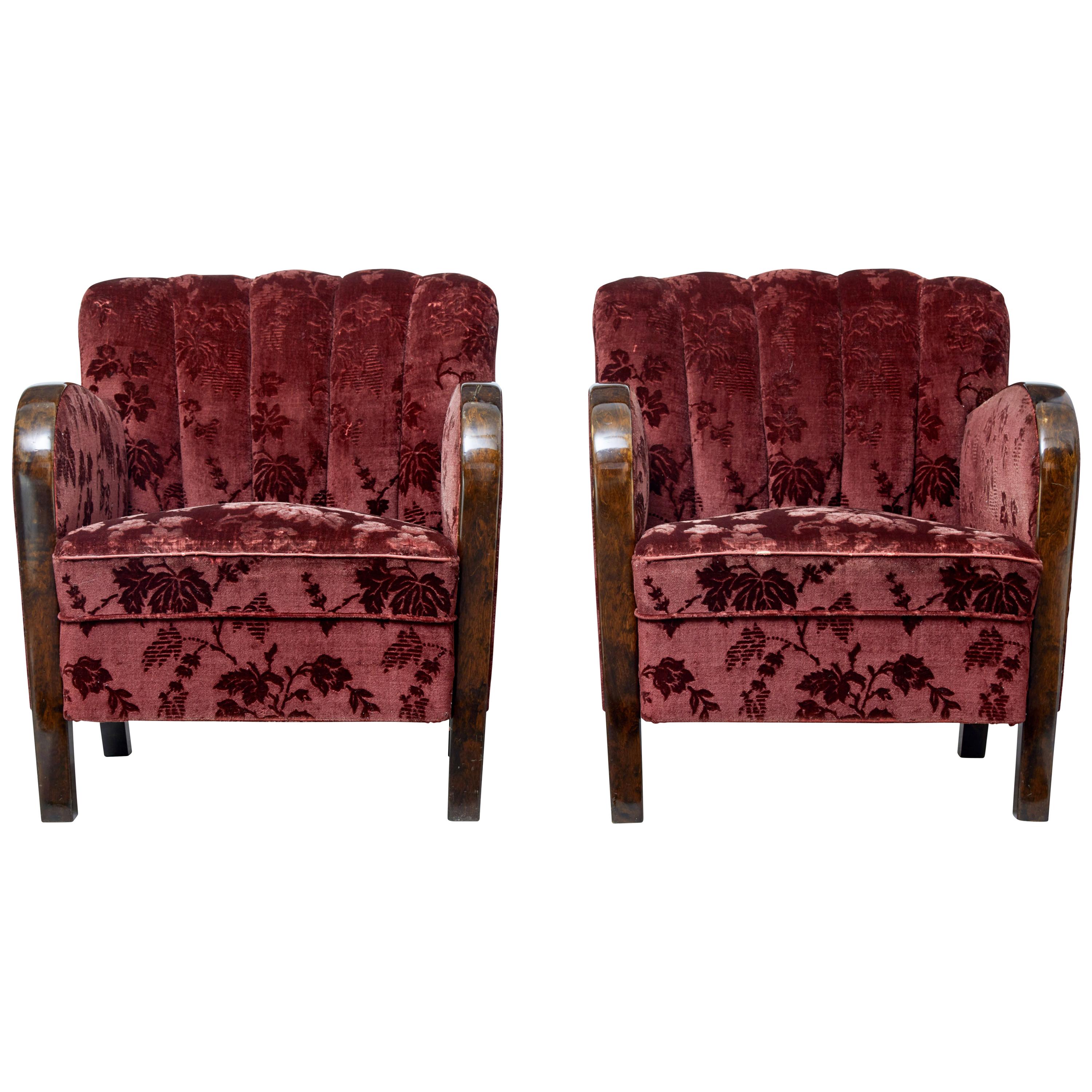 Pair of Swedish Art Deco Birch Shell Back Armchairs