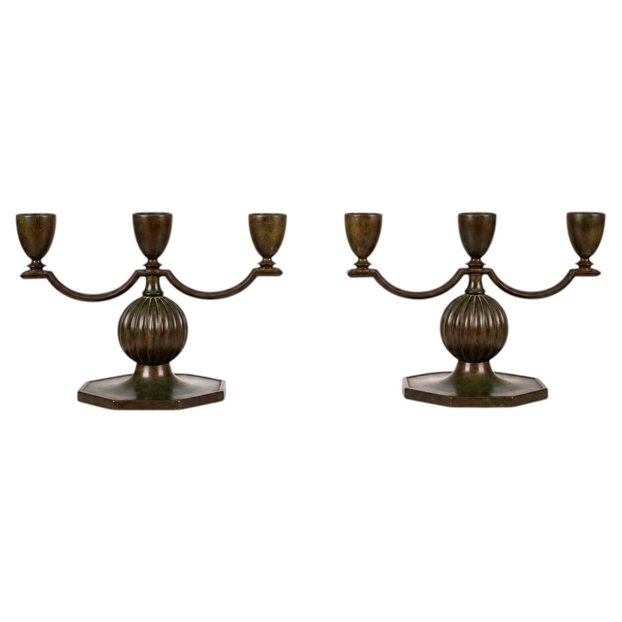Pair of Swedish Art Deco Bronze Candelabras GAB (Guldsmedsaktiebolaget) 1930's
