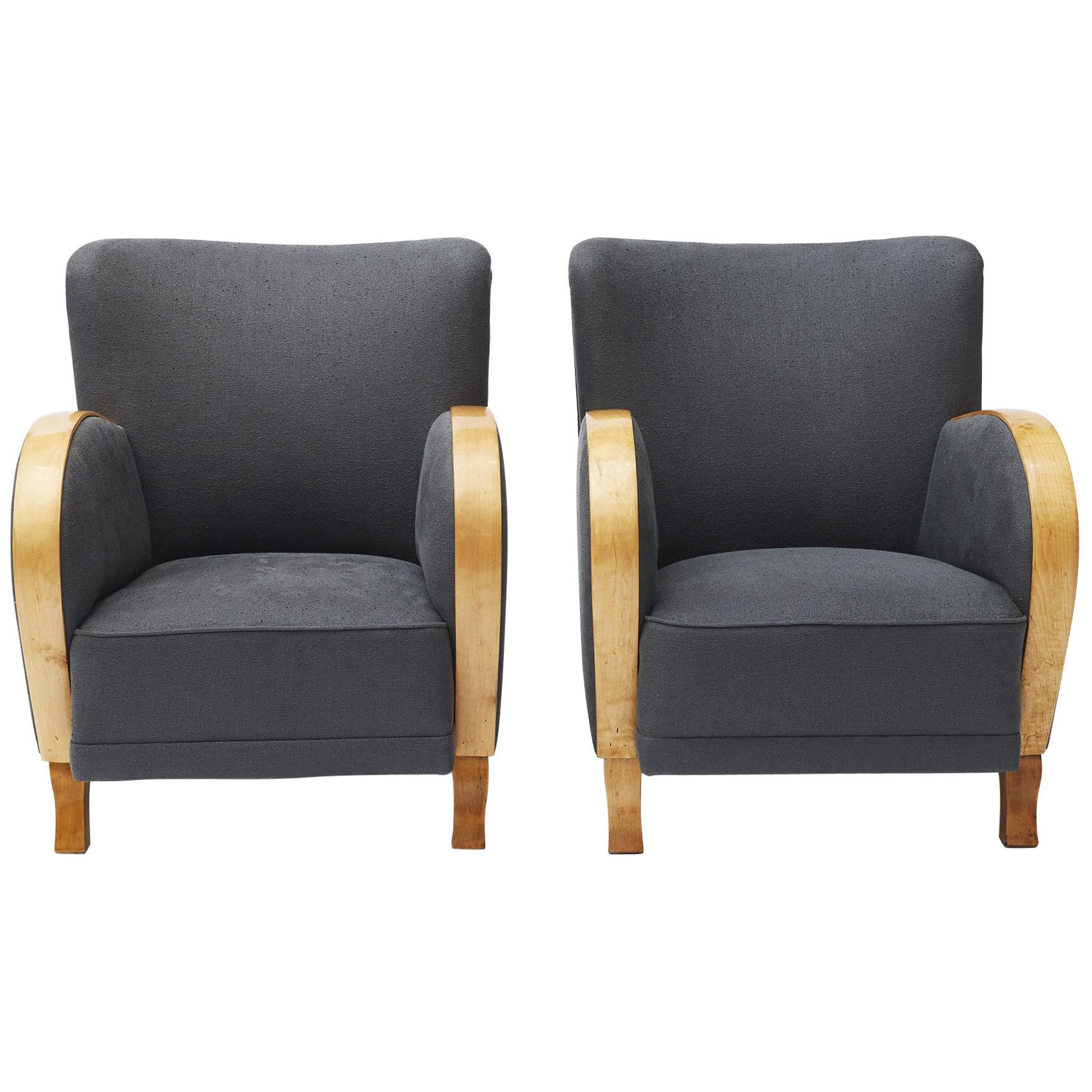 Pair of Swedish Art Deco Easy Chairs In Birch & fabric For Sale