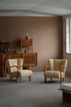 Pair of Swedish Art Deco Lounge Chairs in Elm & Wool, Reupholstered, Early 20th