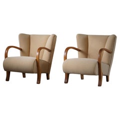 Pair of Swedish Art Deco Lounge Chairs in Elm & Wool, Reupholstered, Early 20th