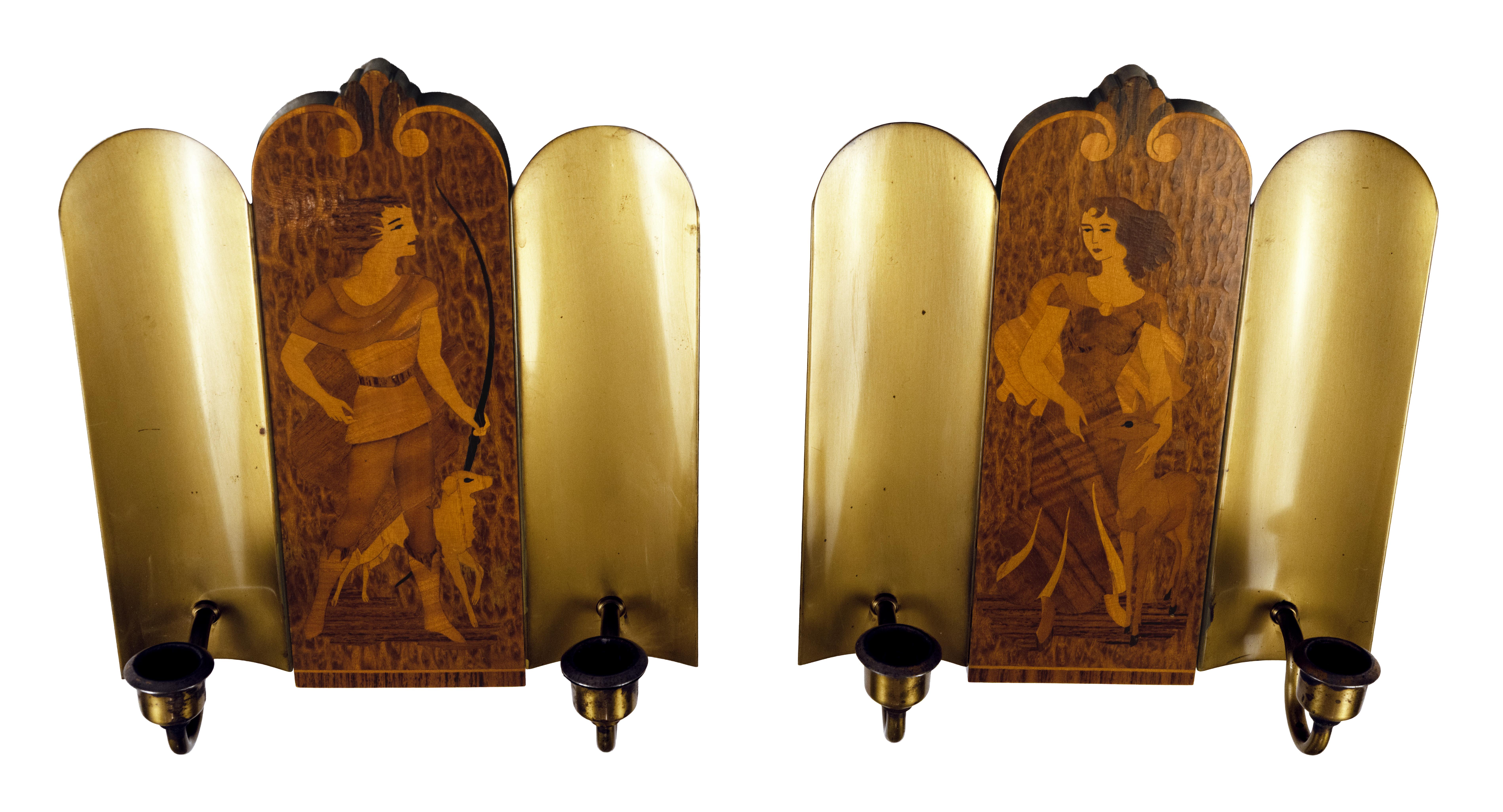 Pair of Swedish Art Deco Marquetry Wall Sconces In Good Condition For Sale In New York, NY