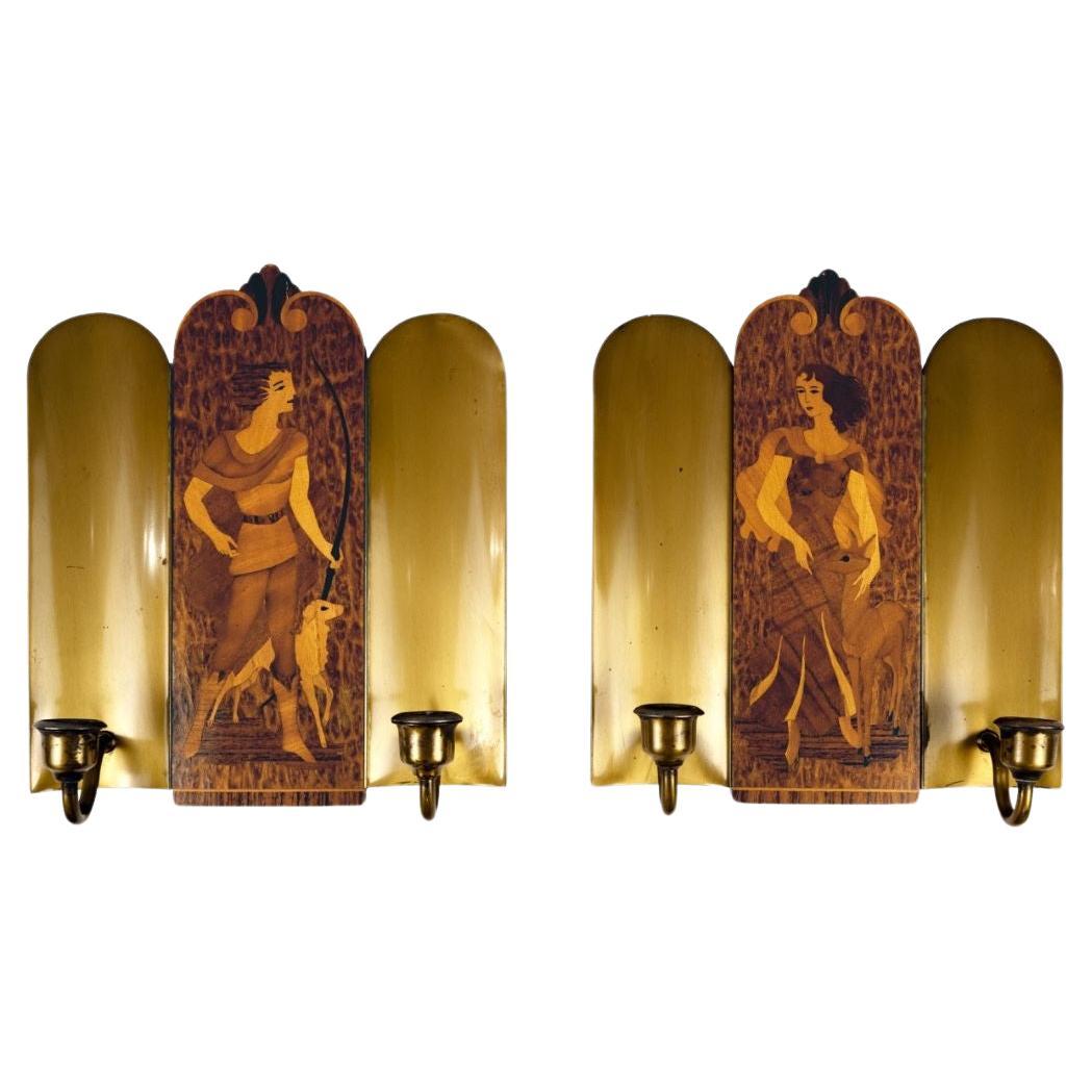 Pair of Swedish Art Deco Marquetry Wall Sconces For Sale