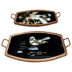 Pair of Swedish Art Deco Painted Glass Rattan Serving Trays