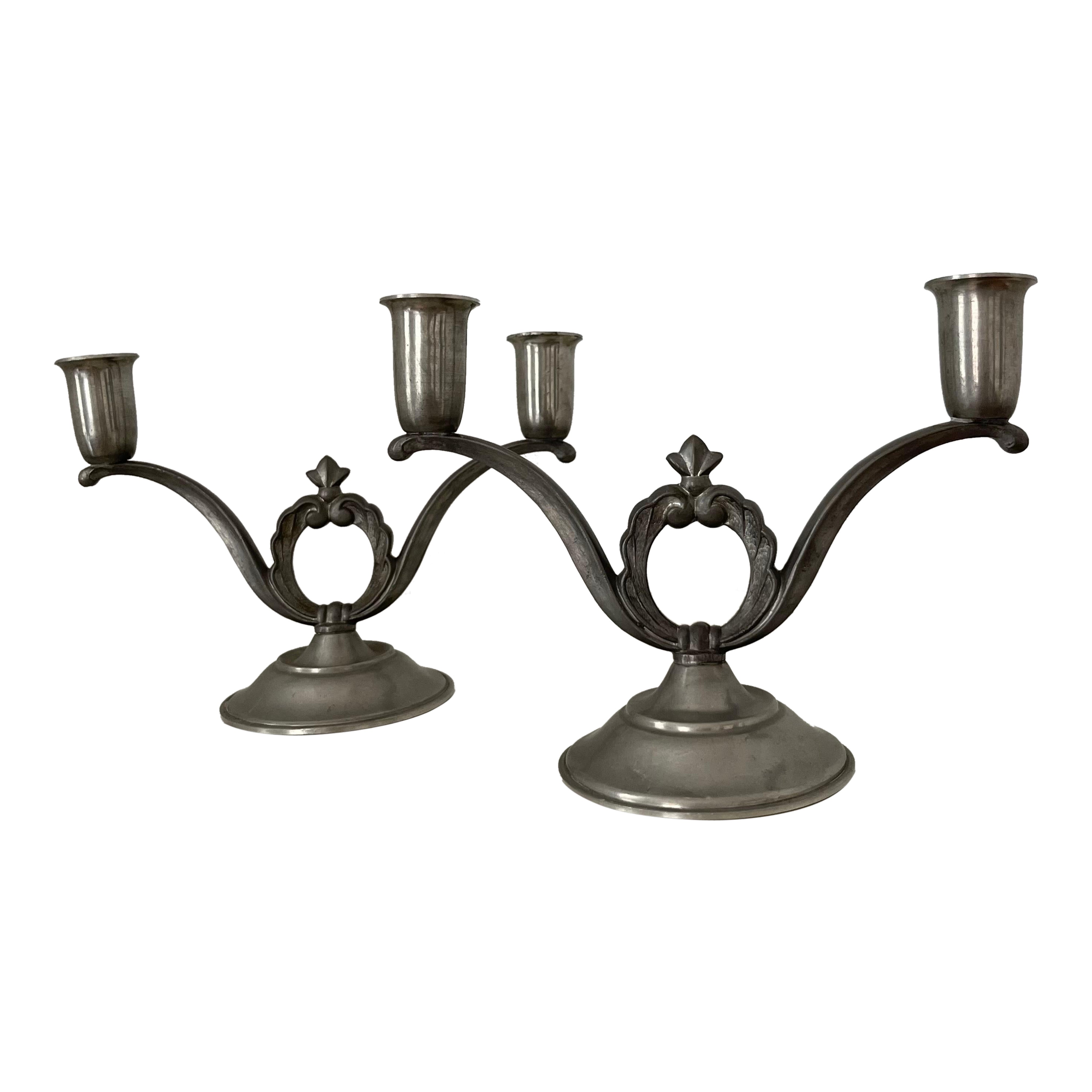 Paire de chandeliers Art Déco suédois en étain, années 1930