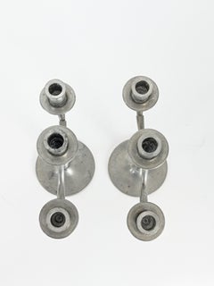 Pair of Swedish Art Deco Pewter Three-Arm Candelabra, Svenskt Tenn Style, circa
