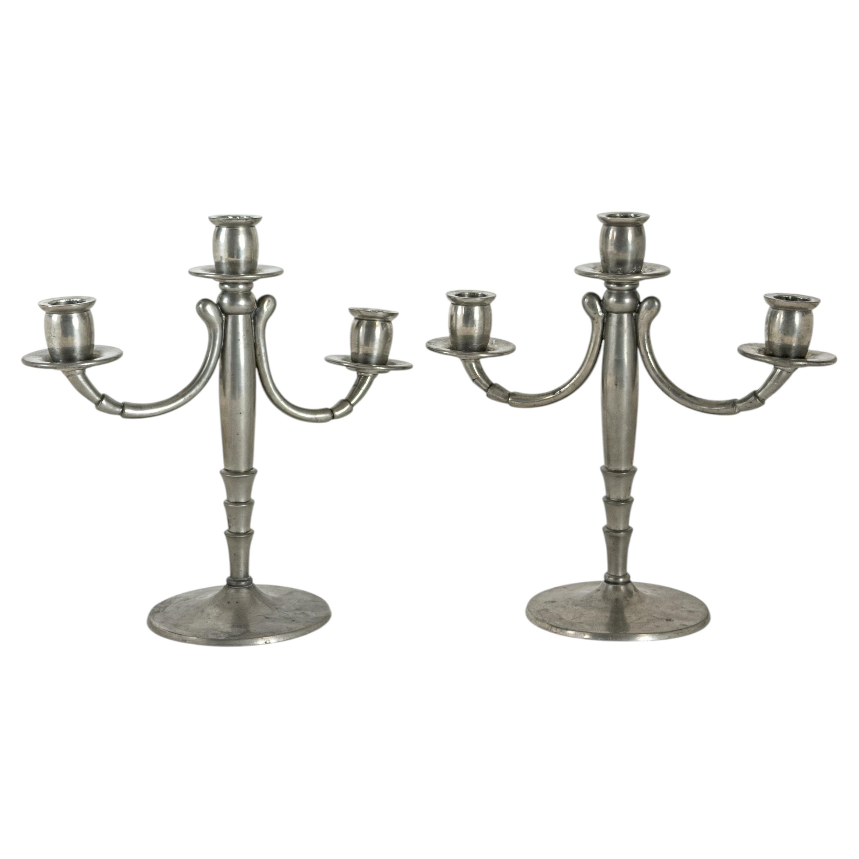 Pair of Swedish Art Deco Pewter Three-Arm Candelabra, Svenskt Tenn Style, circa