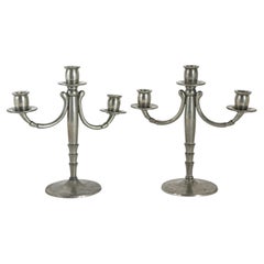 Pair of Swedish Art Deco Pewter Three-Arm Candelabra, Svenskt Tenn Style, circa